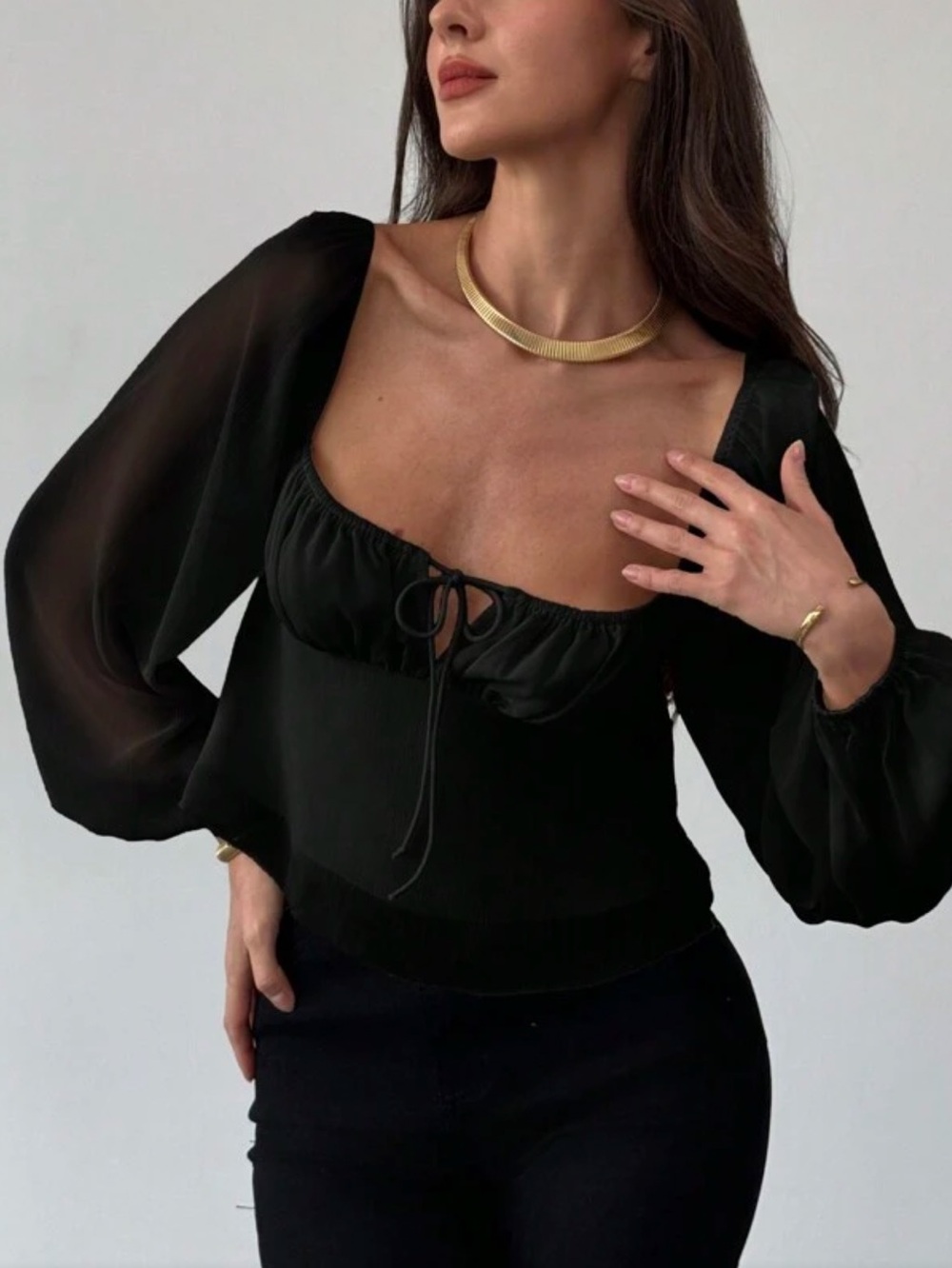 Lightweight Black  Peasant-Sleeve Women's Top